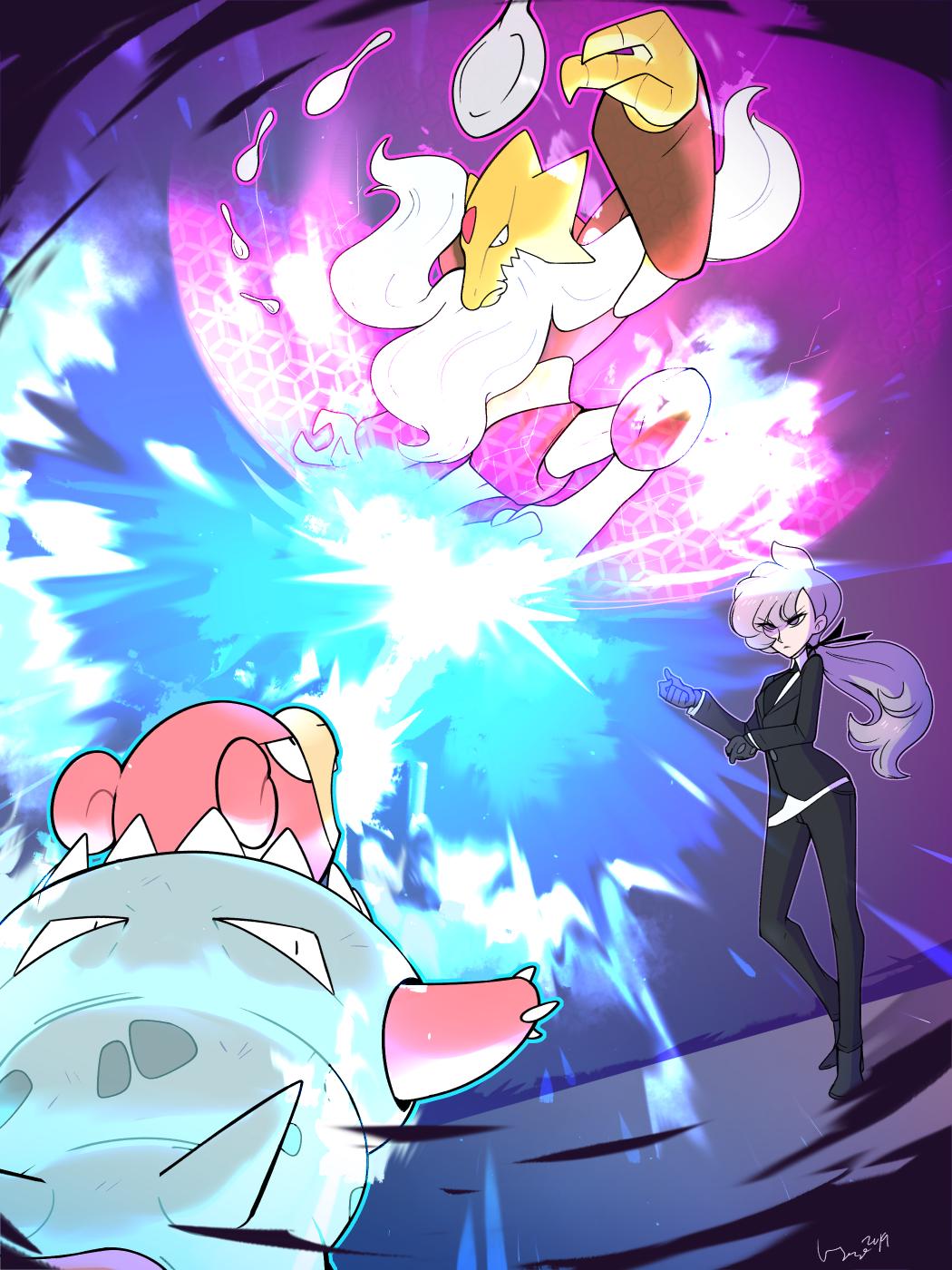 1girl alakazam anabel_(pokemon) battle black_footwear black_gloves black_pants commission eyes_visible_through_hair fangs forehead_jewel gen_1_pokemon gloves highres mega_alakazam mega_pokemon mega_slowbro necktie nintendo pants pokemon pokemon_(creature) pokemon_move pokemon_sm ponytail purple_eyes purple_hair slowbro spoon standing telekinesis vergolophus