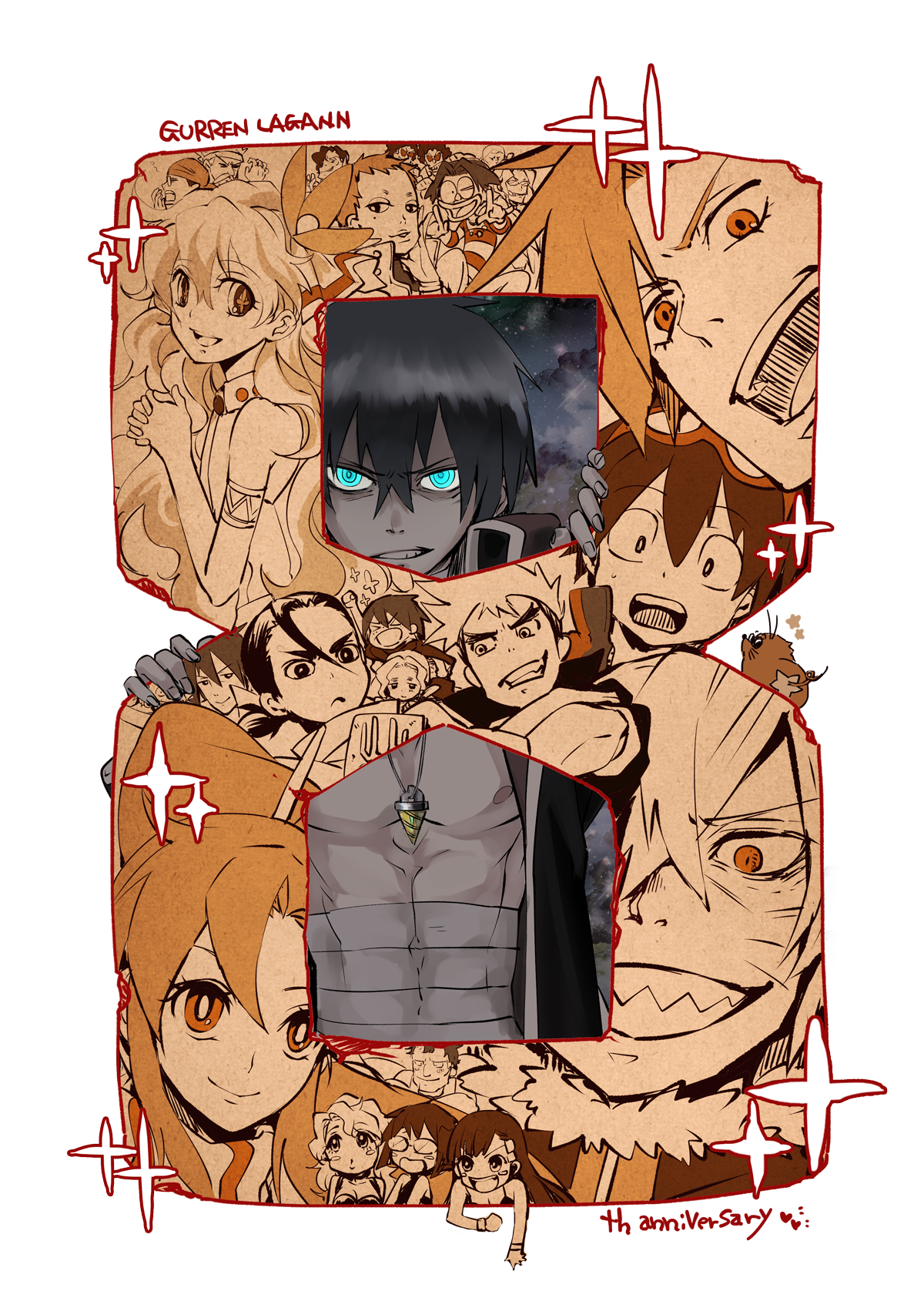 00s 6+boys 6+girls ailac_coega anniversary attenborough_cortitch barinbo boota_(ttgl) darry_adai dayakka everyone gabal_docker garlock_simon gimmy_adai hair_between_eyes highres jogan kamina_(ttgl) kidd_coega kinon_bachika kittan_bachika kiyal_bachika kiyoh_bachika leeron_littner leite_jokin makken multiple_boys multiple_girls nia_teppelin rossiu_adai simon_(ttgl) tengen_toppa_gurren_lagann tetsukan umapan viral_(ttgl) yoko_littner zoushi_kanai
