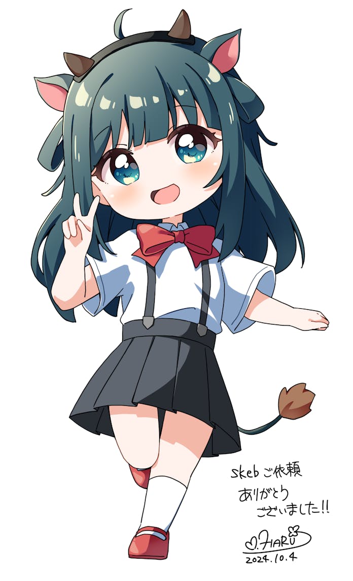 1girl :d amano_nene_(vtuber) animal_ears black_skirt blush bow bowtie chibi chibi_only collared_shirt commentary commentary_request commission cosplay cow_ears cow_tail dated english_commentary full_body furude_rika furude_rika_(cosplay) green_eyes green_hair hand_up haru_(konomi_150) higurashi_no_naku_koro_ni indie_virtual_youtuber long_hair looking_at_viewer open_mouth pleated_skirt red_bow red_bowtie red_shoes shirt shoes short_sleeves signature simple_background skeb_commission skirt smile socks solo standing standing_on_one_leg suspender_skirt suspenders tail translated v virtual_youtuber white_background white_shirt white_socks