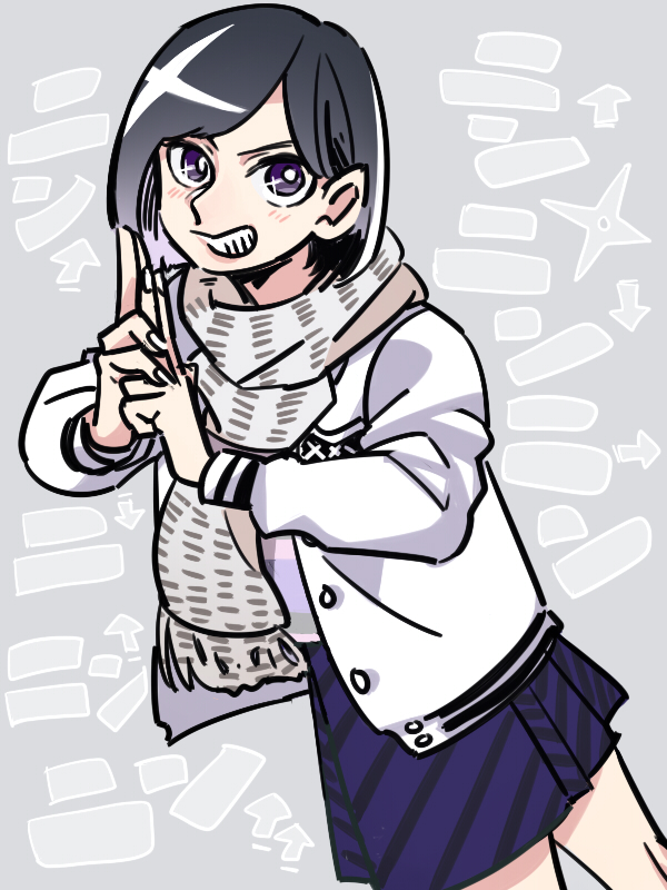 1girl animification bad_id bad_pixiv_id copyright_name female_focus fuu_(fukino10u) grin igasaki_fuuka jacket looking_at_viewer purple_eyes purple_hair scarf short_hair shuriken_sentai_ninninger skirt smile solo super_sentai
