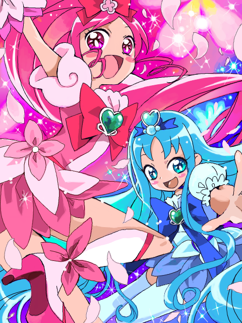 2-nd 2girls anime_coloring arm_up blue_background blue_bow blue_bowtie blue_dress blue_eyes blue_flower blue_hair blue_sleeves blush_stickers boots bow bowtie brooch commentary_request cure_blossom cure_marine dress dress_flower eyelashes feet_out_of_frame floral_background flower foot_out_of_frame frilled_sleeves frills hair_bobbles hair_bow hair_flower hair_ornament hanasaki_tsubomi heart heart_brooch heart_hair_ornament heartcatch_precure! high_heel_boots high_heels high_ponytail jewelry kneehighs kurumi_erika leg_up long_hair looking_at_viewer magical_girl multiple_girls open_mouth outstretched_arm petals pink_background pink_boots pink_bow pink_bowtie pink_dress pink_eyes pink_flower pink_hair pink_sleeves pink_wrist_cuffs ponytail precure puffy_short_sleeves puffy_sleeves short_dress short_sleeves smile socks spar thighhighs two-tone_background very_long_hair wavy_hair white_socks white_thighhighs wrist_cuffs