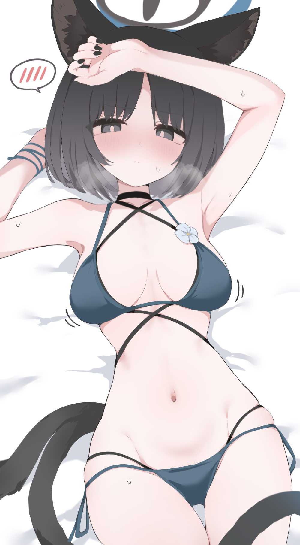 1girl animal_ears arms_up bakeneko bikini black_eyes black_hair black_tail blue_archive blue_bikini blue_halo blue_tail blush breasts cat_ears cat_girl cat_tail co commentary_request criss-cross_straps gradient_tail halo highres hone_kawa kikyou_(blue_archive) kikyou_(swimsuit)_(blue_archive) layered_bikini looking_at_viewer lying medium_breasts multi-strapped_bikini_bottom multiple_tails nose_blush official_alternate_costume on_back short_hair skindentation solo spoken_blush sweat swimsuit tail thighs two_tails white_bikini