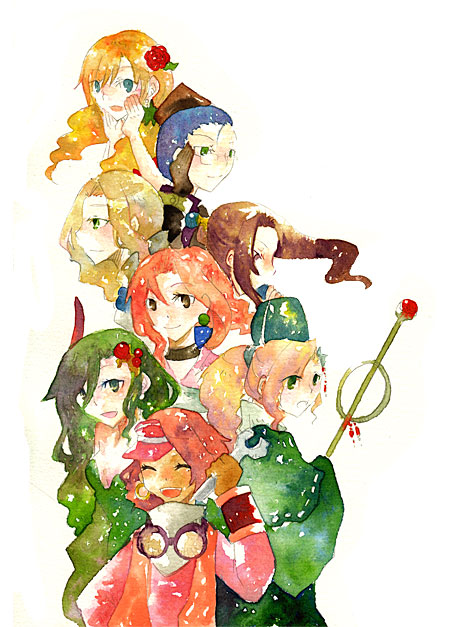 1990s_(style) 6+girls aged_up bad_id bad_pixiv_id blonde_hair blue_hair brown_hair dark-skinned_female dark_skin dwarf earrings final_fantasy final_fantasy_iv final_fantasy_iv:_the_after_years flower glasses goggles green_hair hal harley_(ff4) hat izayoi jewelry kotatsuki leonora leotard luca_(ff4) multiple_girls pink_hair porom porom_(adult) retro_artstyle rosa_farrell rydia_(adult)_(ff4) rydia_(ff4) staff ursula_leiden