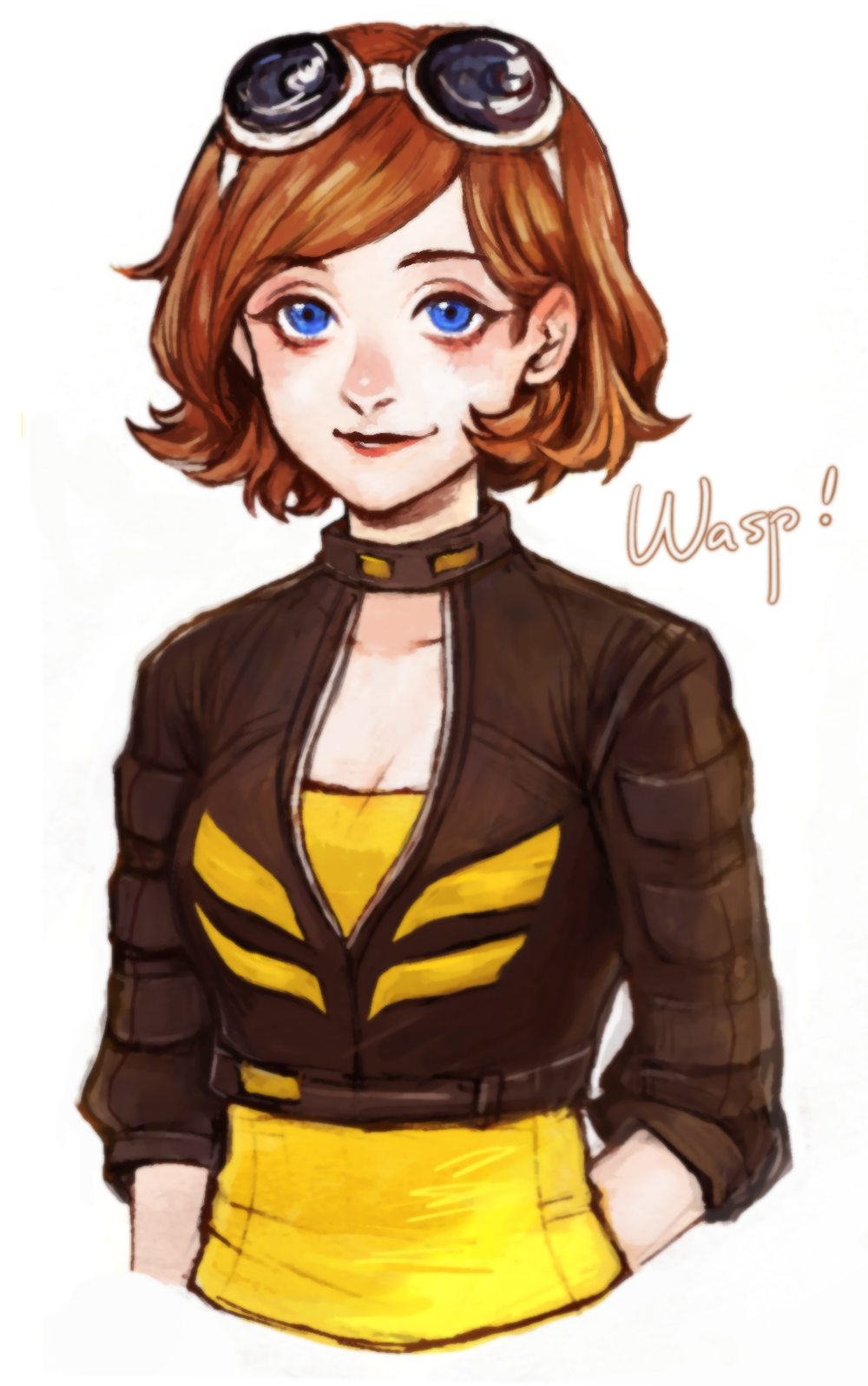 1girl animification arm_behind_back avengers_(series) avengers_academy bee_costume blue_eyes breasts brown_hair character_name cleavage cropped_torso facing_viewer female_focus goggles goggles_on_head highres jacket janet_van_dyne looking_at_viewer marvel simple_background smile solo tatsuko_(chenzi) upper_body wasp_(marvel) white_background
