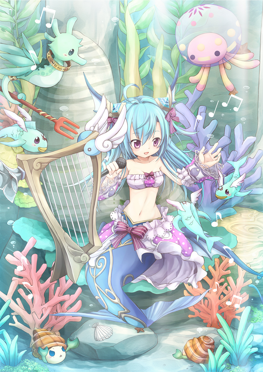 1girl bare_shoulders blue_hair breasts coral emil_chronicle_online fish frilled_skirt frills harp hermit_crab highres horns instrument jellyfish long_hair lorelei_lore medium_breasts mermaid microphone midriff monster_girl music navel seafloor seahorse singing sitting skirt underwater yukimise_(hamuhamu)