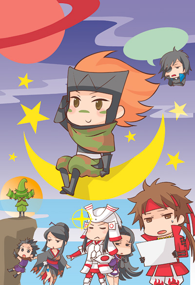 2girls armor azai_nagamasa_(sengoku_basara) black_eyes black_hair brown_eyes brown_hair chibi cloud couple date_masamune_(sengoku_basara) eyepatch helmet japanese_clothes kimono long_hair moon mori_motonari mori_ranmaru multiple_girls ninja nouhime nouhime_(sengoku_basara) oichi_(sengoku_basara) open_mouth orange_hair samurai sanada_yukimura_(sengoku_basara) sarutobi_sasuke_(sengoku_basara) sengoku_basara sky star_(symbol) sun sweat thighs tongue