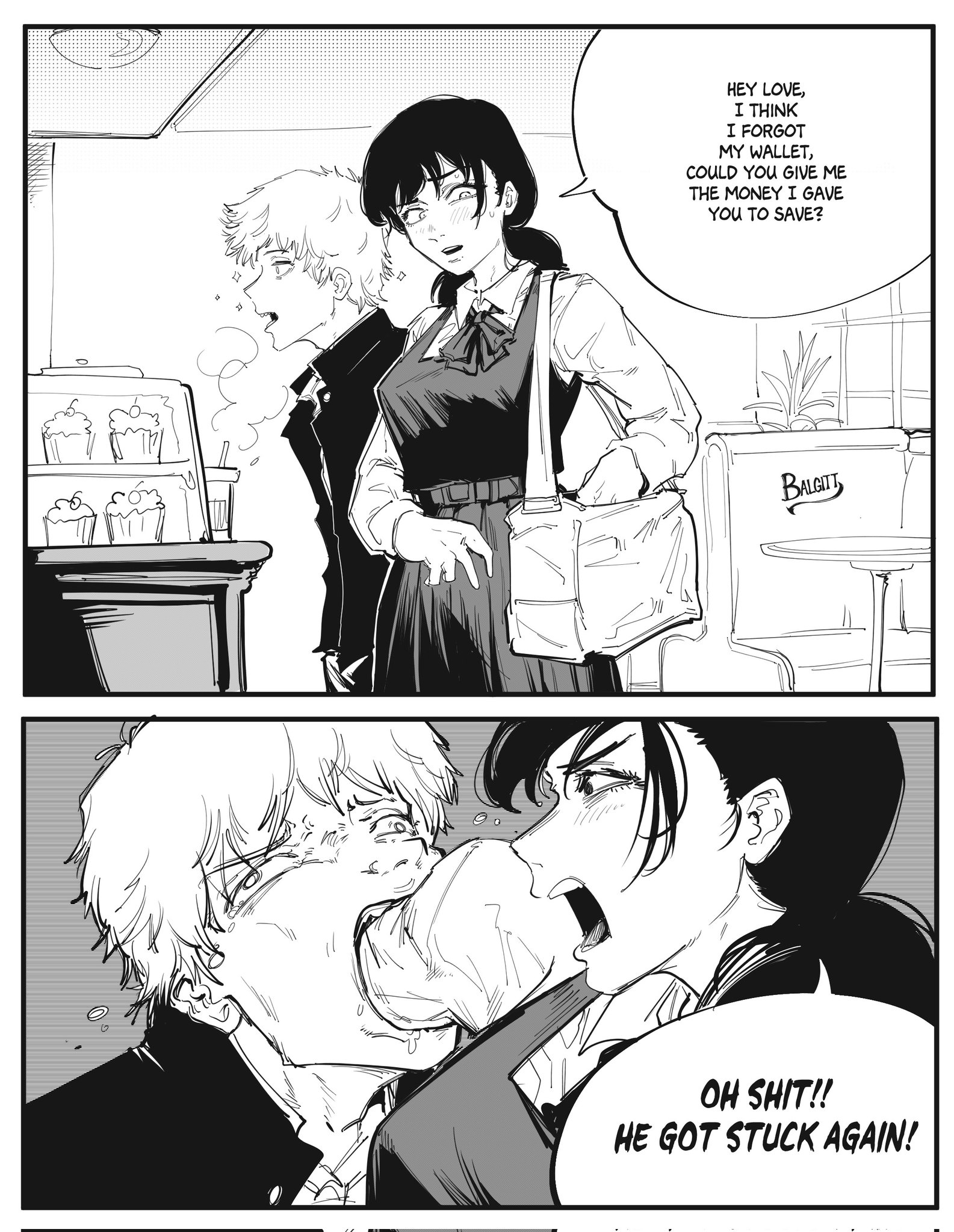 1boy 1girl artist_name black_hair breasts chainsaw_man couple denji_(chainsaw_man) facing_to_the_side fourth_east_high_school_uniform greyscale hair_between_eyes hetero highres long_hair mitaka_asa monochrome open_mouth school_uniform shirt short_hair signature teeth twitter_username victorbalgitt