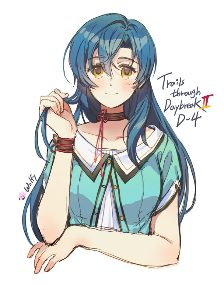 1girl artist_name black_choker blue_hair blush breasts chinese_knot choker closed_mouth collarbone commentary copyright_name countdown cropped_torso double-parted_bangs dress eiyuu_densetsu english_commentary green_jacket hair_between_eyes holding holding_own_hair jacket kuro_no_kiseki kuro_no_kiseki_(series) kuro_no_kiseki_i kuro_no_kiseki_ii long_hair looking_at_viewer medium_breasts neck_ribbon nina_fenly orange_eyes partially_unbuttoned red_ribbon ribbon simple_background smile solo upper_body white_background white_dress wolfyinthecity wristband