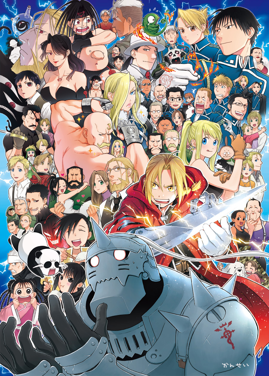 6+boys 6+girls absolutely_everyone alex_louis_armstrong alexander_(fma) alphonse_elric alphonse_heiderich amestris_military_uniform animal armor automail bald bare_shoulders barry_the_chopper beard belt bido_(fma) black_dress black_hair black_hayate black_neckwear black_shirt blonde_hair blue_eyes blush braid brass_knuckles breasts brothers brown_eyes brown_gloves brown_hair carrying catherine_elle_armstrong chopsticks cleavage cloak closed_eyes coat collared_shirt conqueror_of_shambala darius_(fma) dark_skin denny_brosh dog dolcetto_(fma) dreadlocks dress ear_piercing earrings eating edward_elric elicia_hughes envy_(fma) everyone eyepatch facial_hair father_(fma) fire fletcher_tringham flexing food fu_(fma) full_armor fullmetal_alchemist garfiel_(fma) glasses gloves gluttony_(fma) gracia_hughes greed_(fma) green_cloak green_eyes green_headband green_shirt grey_hair grey_shirt hair_bun hair_over_one_eye hanayama_(inunekokawaii) headband heart heinkel_(fma) heymans_breda highres holding holding_wrench hood hood_down hood_up izumi_curtis jean_havoc jerso_(fma) jewelry kain_fuery king_bradley lan_fan lieutenant_yoki lightning ling_yao long_hair long_sleeves looking_at_viewer lust_(fma) madam_christmas maes_hughes maria_ross martel_(fma) may_chang miles_(fma) mohawk mrs._bradley multiple_boys multiple_girls muscular mustache necklace necktie nina_tucker olivier_mira_armstrong open_mouth orange_shirt outline panda paninya_(fma) parted_bangs pearl_necklace piercing pinako_rockbell ponytail pride_(fma) princess_carry profile purple_shirt red_coat red_eyes red_shirt rice riza_hawkeye roa_(fma) rose_tomas roy_mustang russell_tringham sara_rockbell scar&#039;s_brother scar_(fma) selim_bradley sheska_(fma) shirt short_hair short_sleeves shou_tucker siblings sig_curtis single_hair_bun sleeveless sleeveless_dress sloth_(fma) smile solf_j._kimblee sparkle sunglasses suspenders swept_bangs tim_marcoh topless_male trisha_elric truth_(fma) urey_rockbell van_hohenheim vato_falman weapon white_dog white_dress white_eyes white_gloves white_outline white_shirt wide_sleeves winry_rockbell wrench xiao-mei yellow_eyes