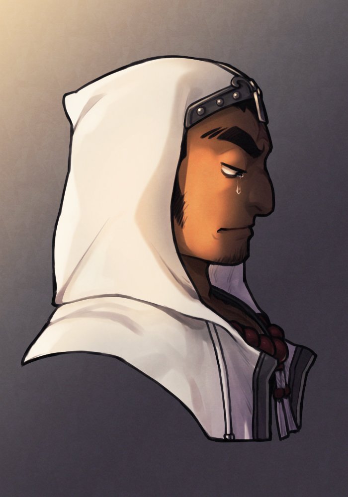 1boy bara bead_necklace beads black_hair commentary_request cross_scar crying crying_with_eyes_open facial_hair grey_background hood hood_up houzouin_oniwaka jacket jewelry long_sideburns male_focus mature_male mid_(mid_skb) muscular muscular_male necklace open_clothes open_jacket profile scar scar_on_face scar_on_forehead short_hair sideburns solo stubble tassel tears thick_eyebrows tokyo_houkago_summoners
