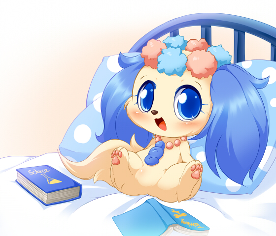 animal_hands bed blue_eyes book dog dog_tail jewelpet_(series) jewelry necklace pillow sapphie_(jewelpet) sitting tail tiara ukan_muri