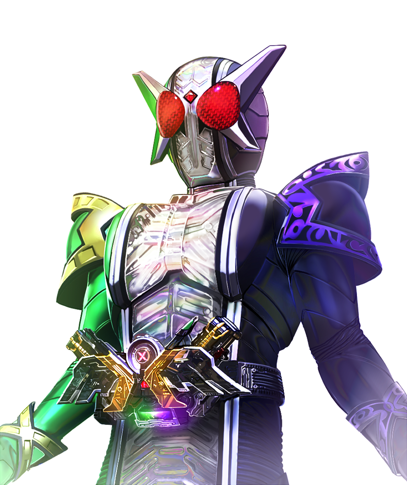 1boy armor belt black_armor double_driver gaia_memory green_armor helmet kamen_rider kamen_rider_double kamen_rider_double_(cyclonejokerxtreme) kamen_rider_w male_focus masukudo_(hamamoto_hikaru) red_eyes rider_belt solo tokusatsu upper_body white_armor