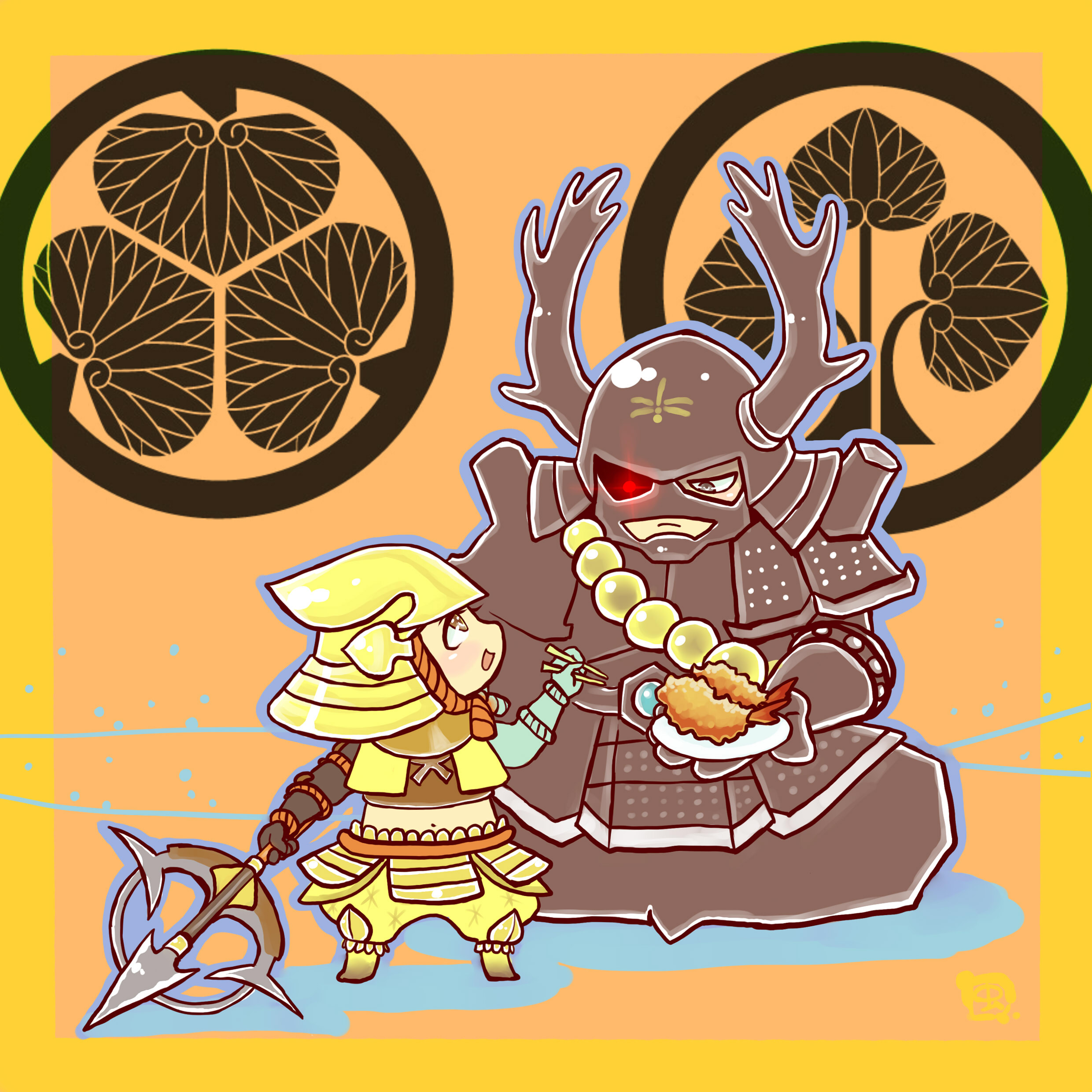 2boys :d absurdres armor border brown_eyes chibi chibi_only chopsticks eye_contact fake_antlers food frown full_armor glowing glowing_eye grey_eyes height_difference helmet highres holding holding_chopsticks holding_plate holding_polearm holding_weapon honda_tadakatsu_(sengoku_basara) japanese_armor kabuto_(helmet) looking_at_another male_focus multiple_boys mushimegane333 open_mouth orange_background plate polearm sengoku_basara shrimp shrimp_tempura smile tempura tokugawa_ieyasu_(sengoku_basara) weapon yellow_border