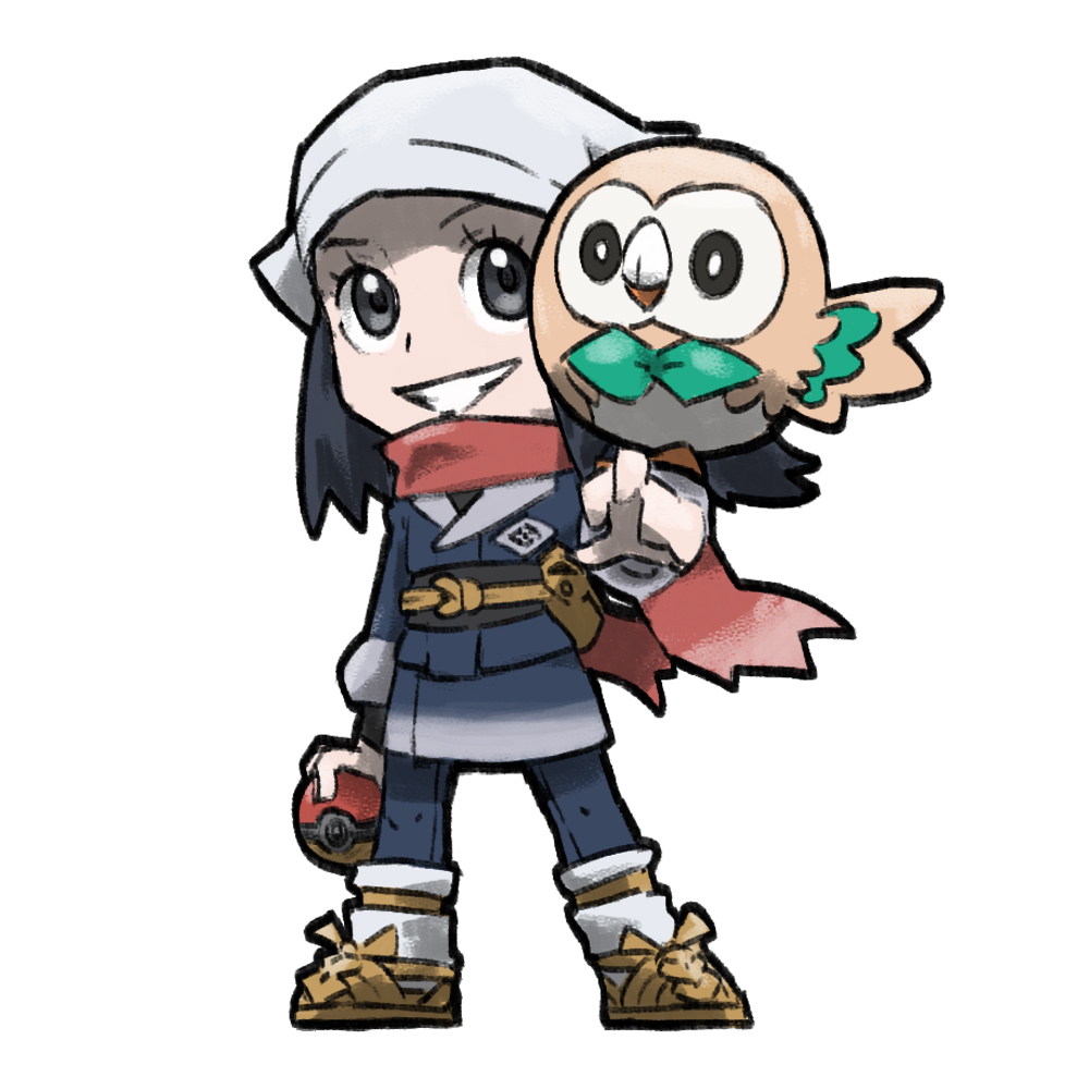 1girl black_eyes black_hair black_sash blacknirrow blue_kimono brown_bag closed_mouth commentary creatures_(company) english_commentary eyelashes galaxy_expedition_team_survey_corps_uniform game_freak gen_7_pokemon headscarf holding holding_poke_ball japanese_clothes kimono long_hair nintendo obi on_shoulder poke_ball hisuian_poke_ball pokemon pokemon_(creature) pokemon_legends:_arceus pokemon_on_shoulder red_scarf rowlet sash scarf simple_background smile socks standing white_background white_headscarf white_socks