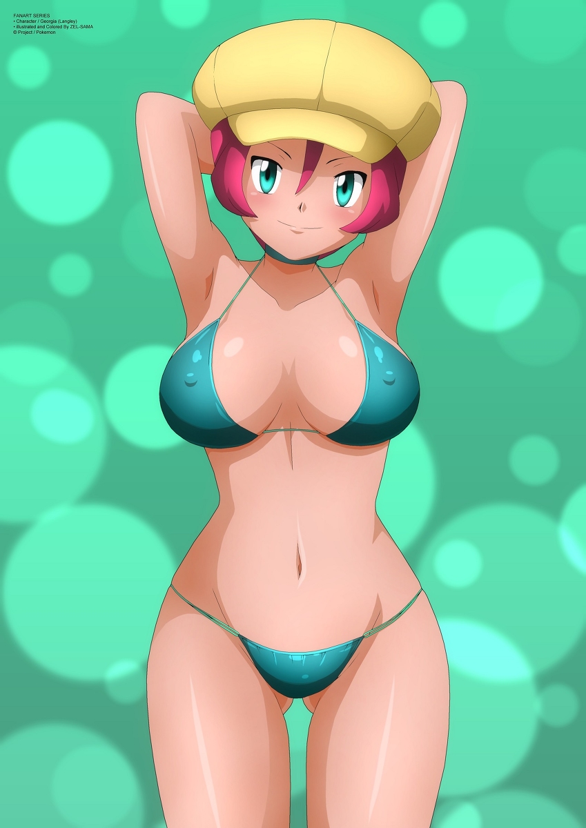 1girl alternate_costume armpits arms_behind_head bikini bra breasts game_freak georgia_(pokemon) highres large_breasts midriff navel nintendo pokemon pokemon_(anime) pokemon_bw_(anime) seductive_gaze seductive_smile smile solo swimsuit thong_bikini underwear wide_hips zel-sama