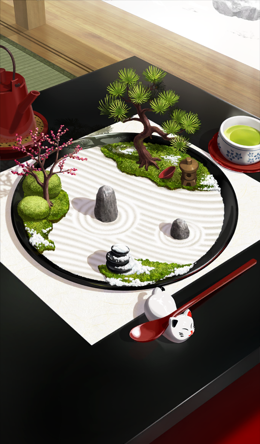 akitaken_(non_faciem) chocolate chocolate_river_no_sono_saki_ni commentary_request cup fate/grand_order fate_(series) food food_art green_tea miniature no_humans official_art rock rock_garden sand saucer spoon steam still_life table tea teapot third-party_source tree white_chocolate