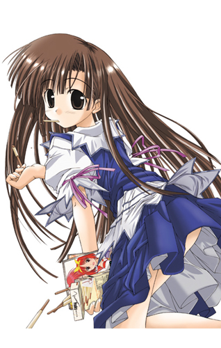 1girl 2000s_(style) bad_id blue_dress blunt_bangs blush brown_eyes brown_hair comic_party dress feet_out_of_frame food food_in_mouth leaning_forward long_hair looking_at_viewer looking_back lowres mikage_subaru mima_chi pinafore_dress pink_ribbon pocky pocky_in_mouth puffy_short_sleeves puffy_sleeves ribbon shirt short_sleeves simple_background sleeve_ribbon sleeveless sleeveless_dress solo very_long_hair white_background white_shirt