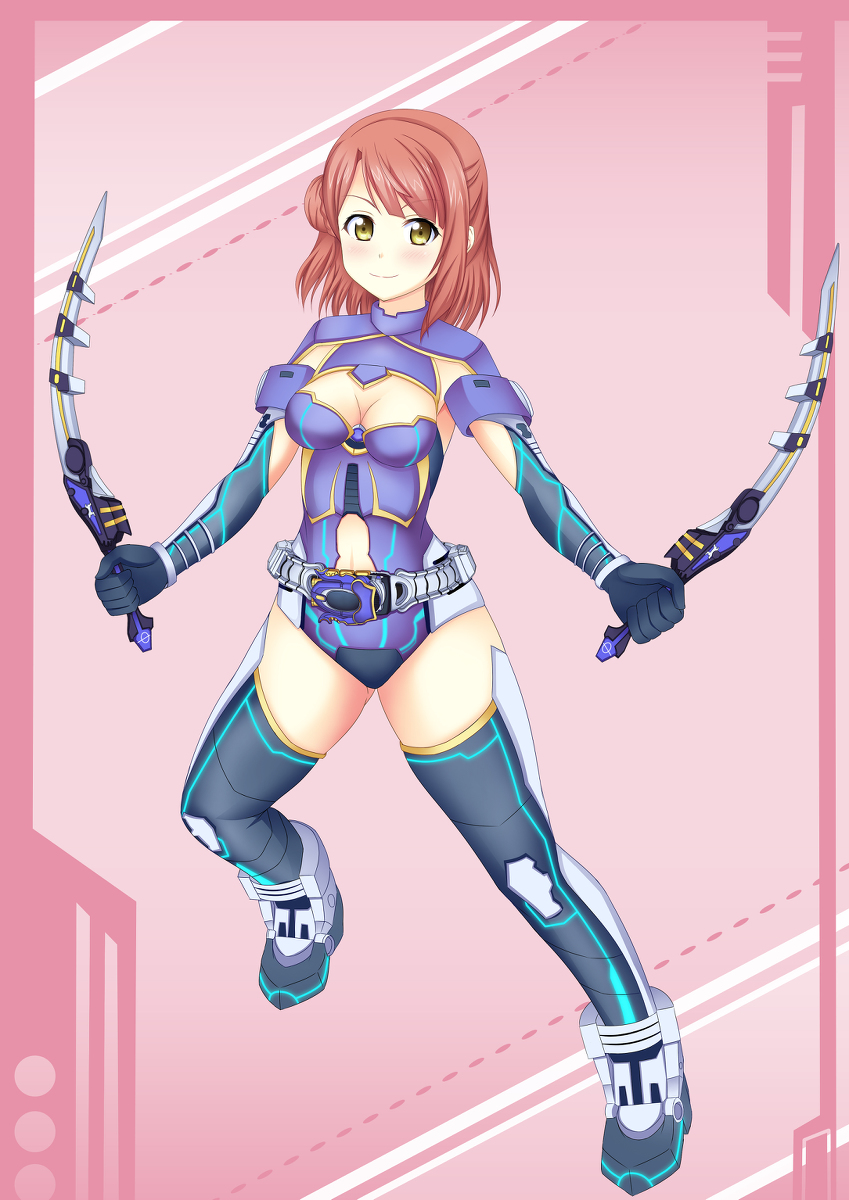 1girl animal armor armored_shoes belt blue_armor blue_gloves blue_leotard blue_thighhighs blush boots breasts cleavage clothing_cutout cosplay crossover dual_wielding gatack_double_calibur gatack_zecter gedooman gloves grey_boots hair_bun highres holding holding_sword holding_weapon kamen_rider kamen_rider_gatack kamen_rider_gatack_(cosplay) kamen_rider_kabuto_(series) leotard looking_at_viewer love_live! love_live!_nijigasaki_high_school_idol_club medium_breasts metal_shoes navel navel_cutout non-humanoid_robot pink_background red_hair rider-tan rider_belt robot robot_animal shoes short_hair side_bun single_hair_bun smile stag_beetle standing sword thighhighs uehara_ayumu weapon yellow_eyes