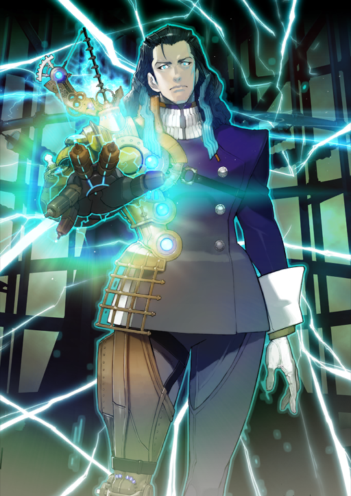 1boy aqua_eyes aqua_hair arm_at_side black_hair buttons chaps closed_mouth cowlick double-breasted electricity fate/grand_order fate_(series) feet_out_of_frame gloves glowing gradient_clothes gradient_jacket grey_jacket grey_pants hair_slicked_back hand_up high_collar jacket lightning long_hair long_sleeves looking_at_viewer male_focus mechanical_arms mechanical_legs multicolored_hair namaniku_atk nikola_tesla_(fate) o-ring official_art outstretched_hand pants purple_jacket purple_pants science_fiction single_mechanical_arm single_mechanical_leg solo standing third-party_source two-tone_hair variant_set white_gloves