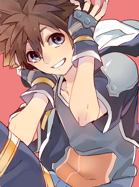 1boy black_gloves black_jacket blue_eyes brown_hair commentary_request fingerless_gloves gloves grey_shirt hood hooded_jacket jacket kingdom_hearts kingdom_hearts_ii male_focus red_eyes shirt solo sora_(kingdom_hearts) umidesuyo upper_body