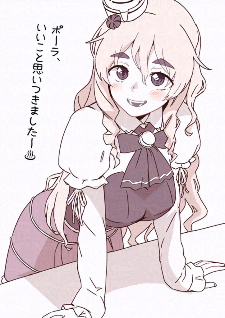 1girl asava_(hutaitenn) bodice bow bowtie collared_shirt commentary_request corset hat kantai_collection mini_hat one-hour_drawing_challenge pola_(kancolle) sepia shirt skirt smile solo standing table thick_eyebrows tilted_headwear translation_request wavy_hair