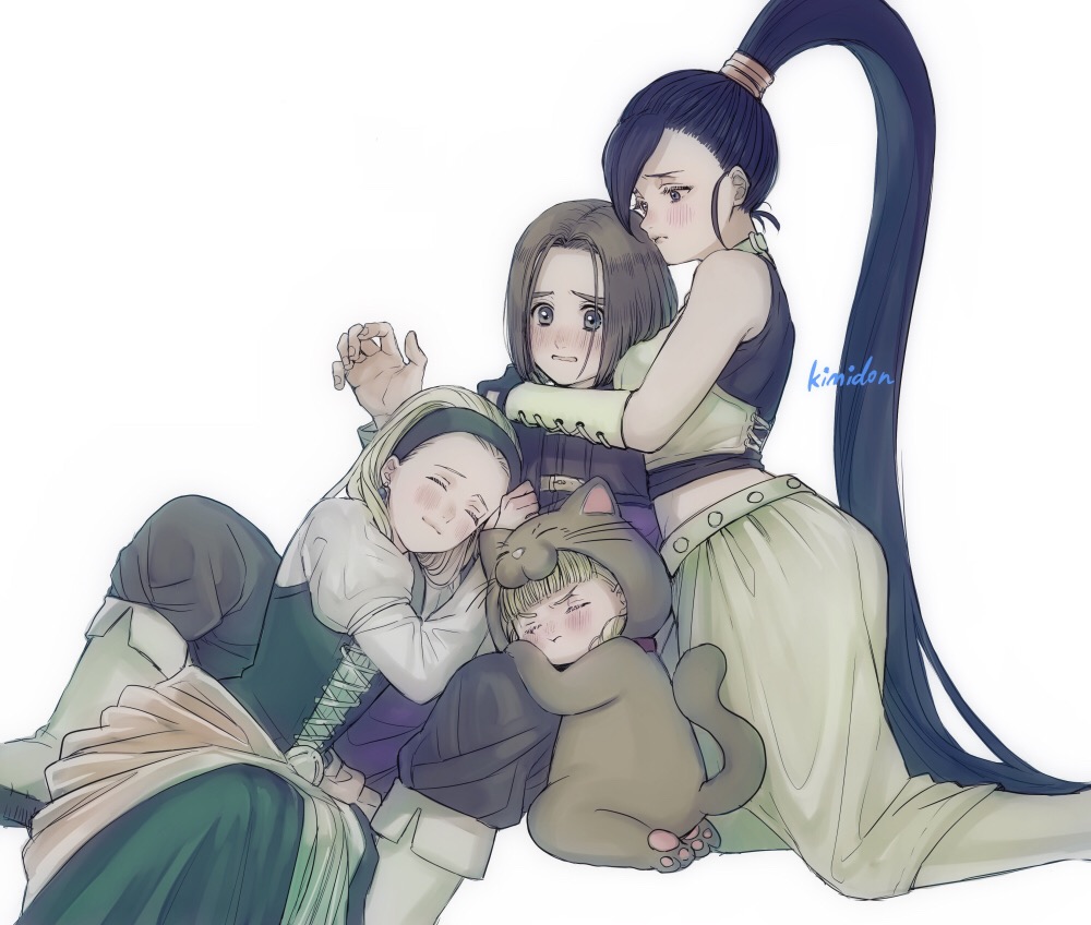 1boy 3girls :t animal_costume arm_guards arms_around_neck black_gloves black_hair black_pants black_sports_bra blonde_hair blush braid breasts brown_hair cat_costume closed_eyes commentary_request cropped_shirt dragon_quest dragon_quest_xi dress fingerless_gloves gloves green_dress green_hairband green_shirt green_skirt grey_eyes hair_pulled_back hairband harem head_on_another&#039;s_leg hero_(dq11) high_ponytail juliet_sleeves kimidori_(kimidoriri) kneeling large_breasts long_hair long_sleeves low_twin_braids martina_(dq11) medium_hair multiple_girls muted_color official_alternate_costume orange_sash pants parted_hair pawpads ponytail puffy_sleeves purple_eyes purple_tunic senya_(dq11) shirt shirt_under_dress siblings sisters skirt sleeping sleeping_on_person small_breasts sports_bra tunic twin_braids twins veronica_(dq11) white_background white_shirt