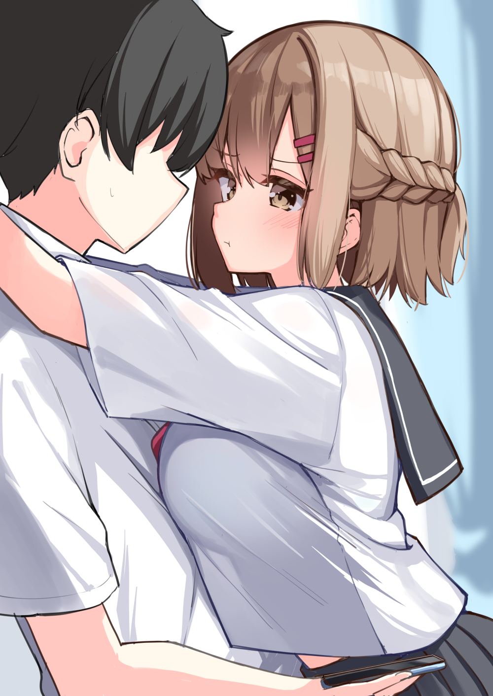 1boy 1girl :t black_hair black_sailor_collar black_skirt blurry blurry_background blush braid breasts brown_eyes brown_hair cellphone childhood_friend_(ominaeshi) closed_mouth commentary_request depth_of_field hair_between_eyes hair_ornament hairclip highres holding holding_phone medium_breasts ominaeshi_(takenoko) original phone pleated_skirt pout sailor_collar shirt short_sleeves skirt small_sweatdrop sweat white_shirt