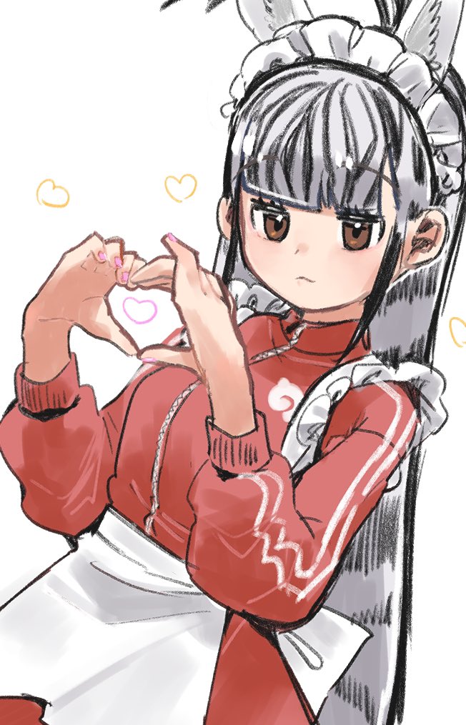 1girl :&lt; alternate_costume animal_ears animal_print apron black_hair blunt_bangs blush brown_eyes cowboy_shot enmaided extra_ears frilled_apron frills heart heart_hands high_collar jacket japari_symbol jersey_maid kemono_friends long_hair long_sleeves looking_at_viewer maid maid_headdress multicolored_hair plains_zebra_(kemono_friends) red_jacket shimazoenohibi sidelocks solo track_jacket two-tone_hair unconventional_maid white_apron white_hair zebra_ears zebra_girl zebra_print
