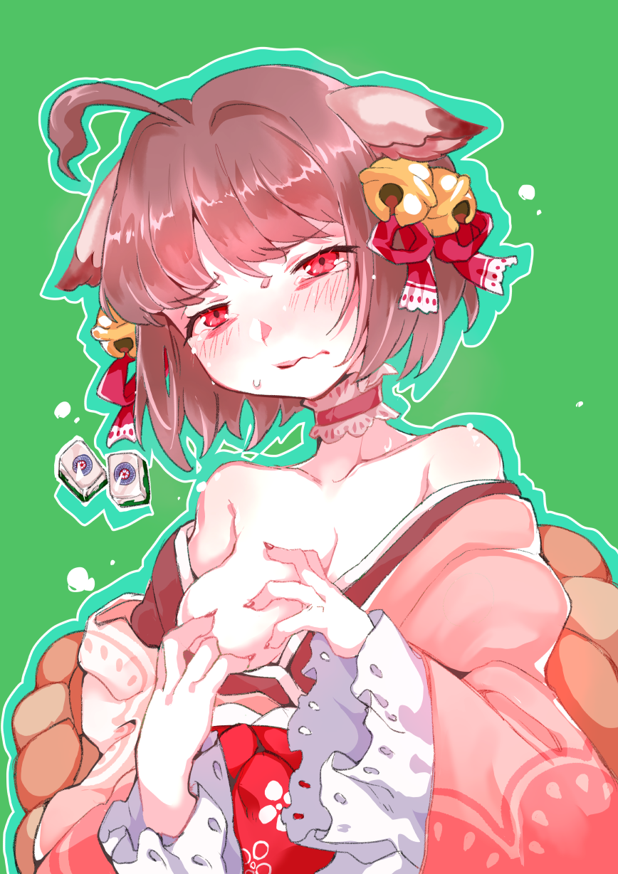 1girl ahoge animal_ears bell blush breasts brown_hair cat_ears cat_girl choker closed_mouth commentary_request dutch_angle frilled_choker frills frown grabbing_own_breast green_background hair_bell hair_ornament hair_ribbon highres ichihime japanese_clothes jingle_bell kimono long_sleeves looking_at_viewer mahjong mahjong_soul mahjong_tile minimaki off_shoulder one_breast_out pink_kimono red_choker red_eyes red_ribbon ribbon short_hair simple_background solo tearing_up wide_sleeves