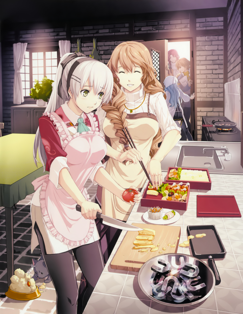 2boys 3girls apron arpong ascot bento blurry braid brown_hair cat cecile_neues chopsticks cookig cooking depth_of_field egg_(food) eiyuu_densetsu elie_macdowell enami_katsumi falcom food frying_pan green_ascot grey_hair hair_over_shoulder half_updo kitchen lloyd_bannings lunchbox magnet makiyakinabe multiple_boys multiple_girls non-web_source official_art pantyhose platedtagme randolph_orlando scrambled_egg source_request tio_plato tomato yellow_eyes zero_no_kiseki