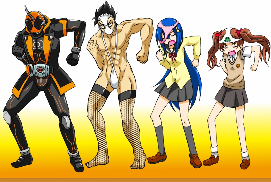 10s 2boys 2girls abs armor bandou_marimo black_hair black_socks blouse blue_hair breasts brown_hair collared_shirt crossdressing crossover fishnets full_body gekoge_satoru gradient_background hentai_kamen jacket kamen_rider kamen_rider_ghost kneehighs long_hair miniskirt multiple_boys multiple_crossover multiple_girls object_on_head one-piece_swimsuit panties panties_on_head school_uniform shikijou_kyousuke shirai_kuroko shirt skirt slingshot_swimsuit small_breasts smile socks standing swimsuit teekyuu thighhighs toaru_kagaku_no_railgun toaru_majutsu_no_index trait_connection twintails underwear unmoving_pattern v-neck very_long_hair white_legwear white_one-piece_swimsuit white_shirt