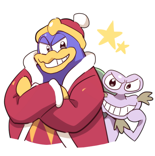 2boys bad_id bad_twitter_id beak dede_(qwea_00000) escargon facial_hair fur_trim gloves king_dedede kirby:_right_back_at_ya kirby_(series) long_sleeves looking_at_viewer multiple_boys nintendo no_humans pom_pom_(clothes) smile smug teeth upper_body v-shaped_eyebrows