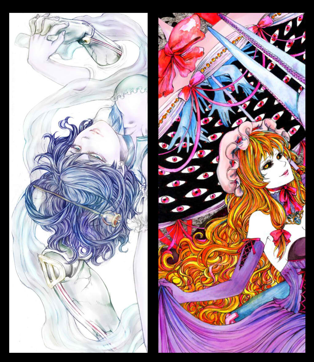 2girls alternate_costume bare_shoulders big_hair black_sclera blonde_hair blue_dress blue_eyes blue_hair bow breasts choker cleavage colored_sclera corset dirty_deeds_done_dirt_cheap diver_down_(stand) dress elbow_gloves framed gap_(touhou) gloves hair_ornament hair_stick hasebe_(model21) hat hat_ribbon holding_hands jewelry jojo_no_kimyou_na_bouken kaku_seiga light_smile lips long_hair looking_at_viewer medium_breasts mob_cap multiple_girls multiple_views necklace nose purple_dress purple_gloves red_eyes ribbon ribbon-trimmed_gloves ribbon_choker ribbon_trim sample_watermark shawl small_breasts smile stand_(jojo) steel_ball_run stone_ocean through_wall touhou upside-down very_long_hair watermark yakumo_yukari yellow_eyes