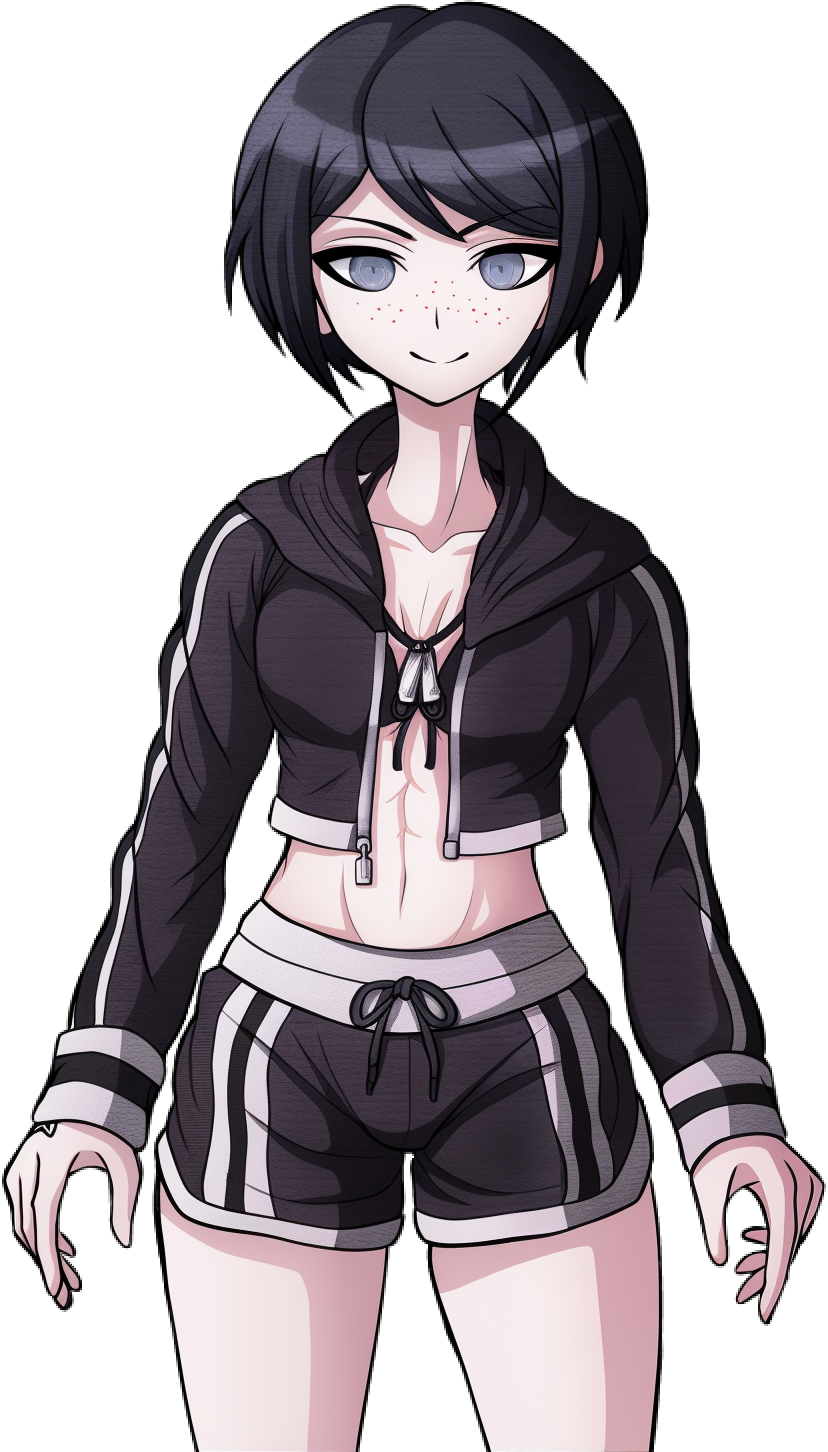 1girl abs bikini black_bikini black_hair black_jacket black_shorts blue_eyes breasts cleavage closed_mouth collarbone danganronpa:_trigger_happy_havoc danganronpa_(series) danganronpa_s:_ultimate_summer_camp female_focus freckles hand_tattoo highres ikusaba_mukuro jacket long_sleeved_jacket long_sleeves looking_at_viewer muscular muscular_female navel official_style parted_hair shorts small_breasts smile solo solo_focus standing striped_clothes striped_jacket striped_shorts swimsuit tattoo tattoo_on_hand third-party_edit white_stripes