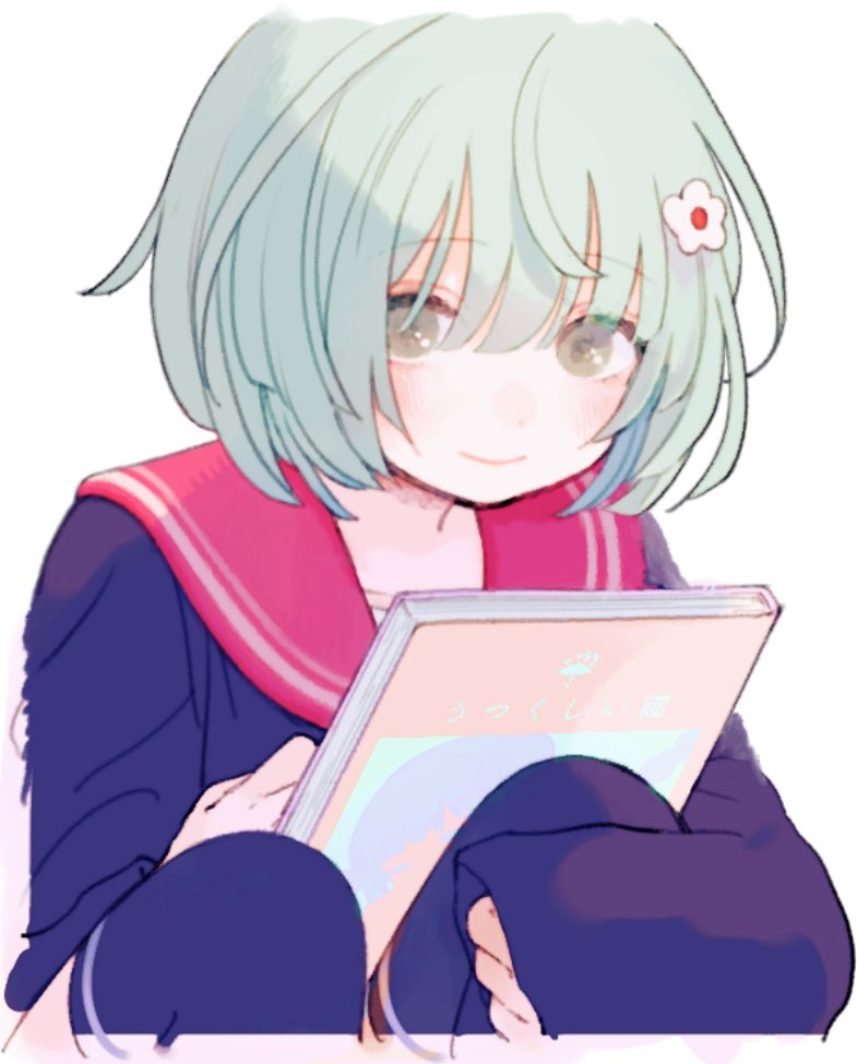 1girl black_cardigan book cardigan closed_mouth flower green_eyes green_hair hair_between_eyes hair_flower hair_ornament holding holding_book kamihama_university_affiliated_school_uniform knees_up long_sleeves looking_at_viewer magia_record:_mahou_shoujo_madoka_magica_gaiden mahou_shoujo_madoka_magica natsume_kako red_sailor_collar sailor_collar school_uniform short_hair simple_background smile solo white_background white_flower yorunogumo