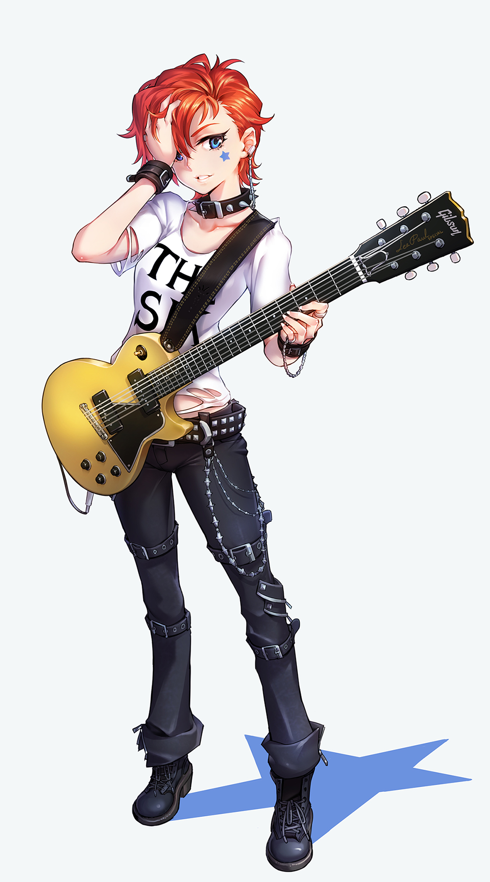 10s 1girl belt blue_eyes bracelet collar denim electric_guitar female_focus full_body gibson gibson_les_paul guitar highres idolmaster idolmaster_million_live! instrument jeans jewelry julia_(idolmaster) looking_at_viewer pants red_hair shirt short_hair smile solo spiked_collar spikes standing studded_belt t-shirt todee tomboy