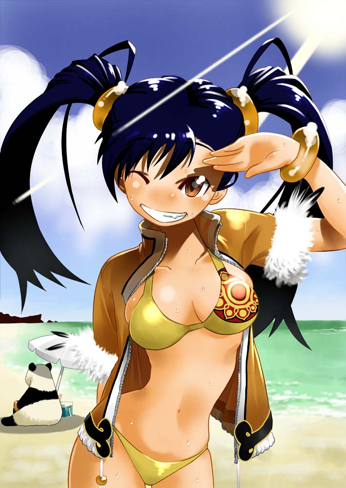 1girl ;d beach bikini black_hair bracelet breasts brown_eyes cleavage day gradient_background grin jacket jewelry ling_xiaoyu medium_breasts narrow_waist navel ocean one_eye_closed open_mouth panda panda_(tekken) sengoku_rokurou smile swimsuit tekken twintails yellow_bikini