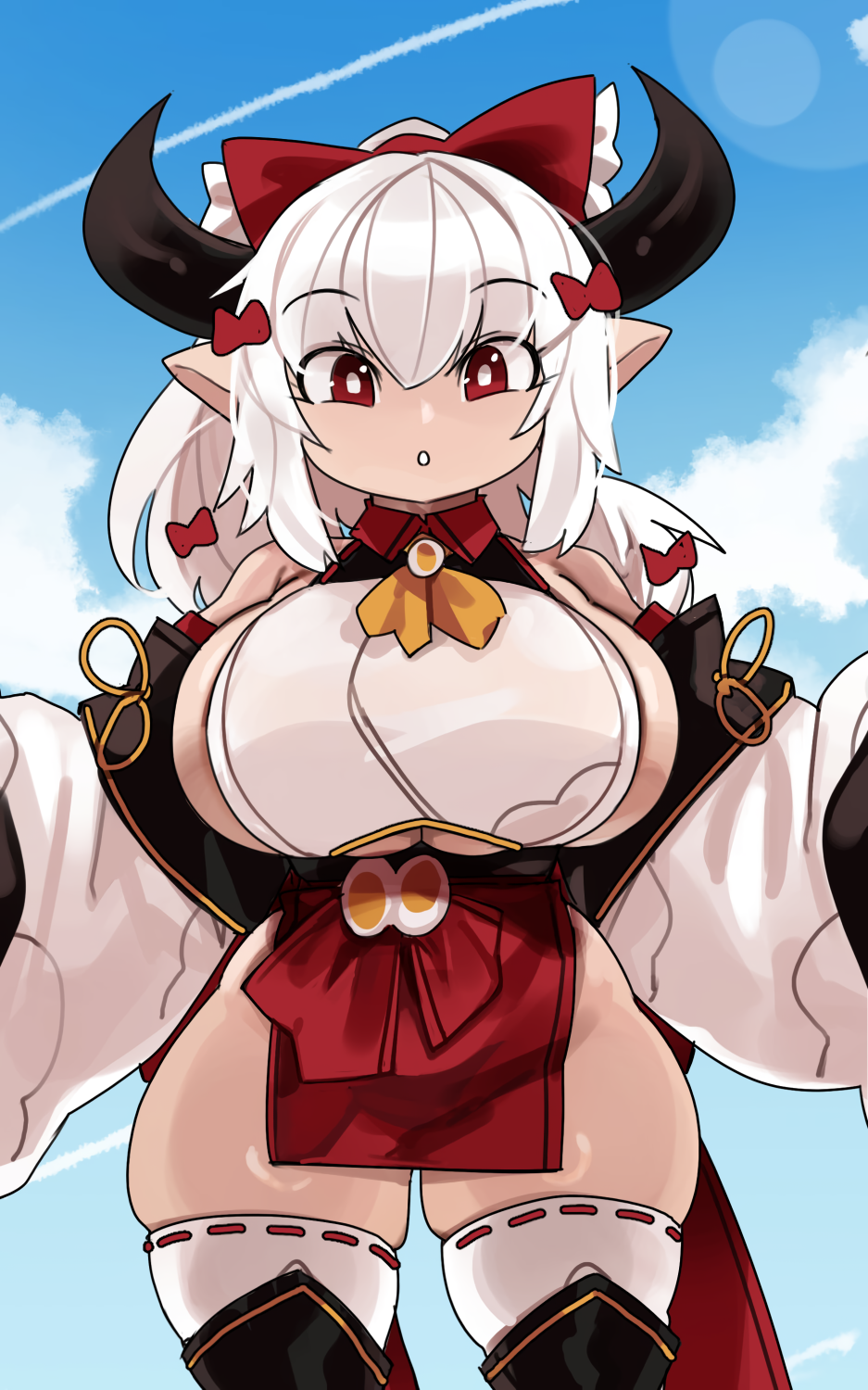 1girl bare_shoulders black_trim borrowed_character bow breasts cloud cloudy_sky contrail detached_sleeves draph egg_ornament hair_between_eyes hair_bow hair_ornament highres horns huge_breasts indie_virtual_youtuber mimi_(henemimi) no_panties open_mouth original outdoors pelvic_curtain pointy_ears red_bow red_eyes shortstack sideboob sidelocks skindentation sky sleeves_past_wrists thick_thighs thighs underboob virtual_youtuber white_hair white_sleeves zanamaoria