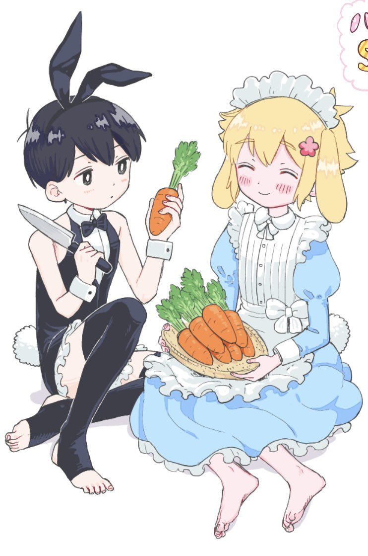 2boys alternate_costume animal_ears basil_(faraway)_(omori) basil_(omori) black_bow black_bowtie black_eyes black_hair black_hairband black_thighhighs blonde_hair blush bow bowtie carrot closed_eyes closed_mouth fake_animal_ears flower hair_flower hair_ornament hairband holding holding_carrot holding_knife knee_up knife long_sleeves maid_headdress male_focus male_playboy_bunny miranosub multiple_boys omori rabbit_ears simple_background sitting smile stirrup_legwear sunny_(omori) thighhighs toeless_legwear white_background wrist_cuffs