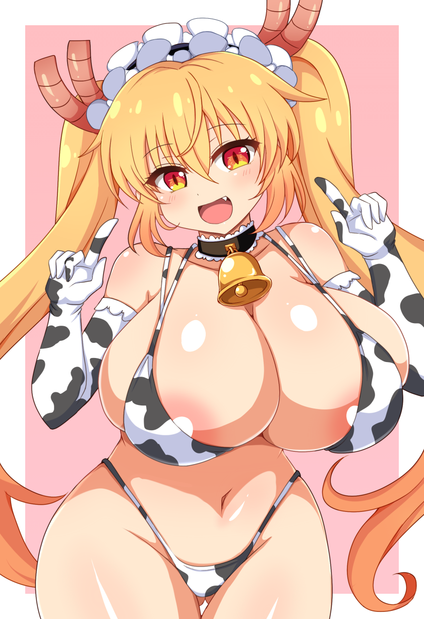 1girl afuro animal_print areola_slip bell bikini blonde_hair blush breasts cleavage cow_print cow_print_bikini cow_print_gloves cowbell dragon_girl dragon_horns elbow_gloves fang gloves gluteal_fold groin highres horns huge_breasts kobayashi-san_chi_no_maidragon looking_at_viewer maid_headdress navel neck_bell open_mouth pink_background pointing pointing_at_self print_bikini print_gloves red_eyes slit_pupils smile solo stomach swimsuit thigh_gap tohru_(maidragon) twintails
