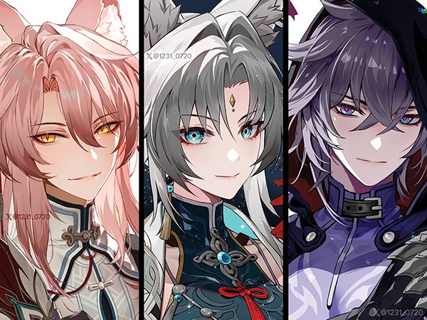 1girl 2boys animal_ear_fluff animal_ears chinese_clothes closed_mouth earrings feixiao_(honkai:_star_rail) forehead_jewel fox_boy fox_ears fox_girl green_eyes grey_hair hair_between_eyes high_ponytail honkai:_star_rail honkai_(series) hood hood_up jewelry jiaoqiu_(honkai:_star_rail) long_hair looking_at_viewer mandarin_collar moze_(honkai:_star_rail) multiple_boys np_(1231_0720) parted_bangs pink_hair ponytail purple_eyes purple_hood shirt short_hair smile white_hair white_shirt