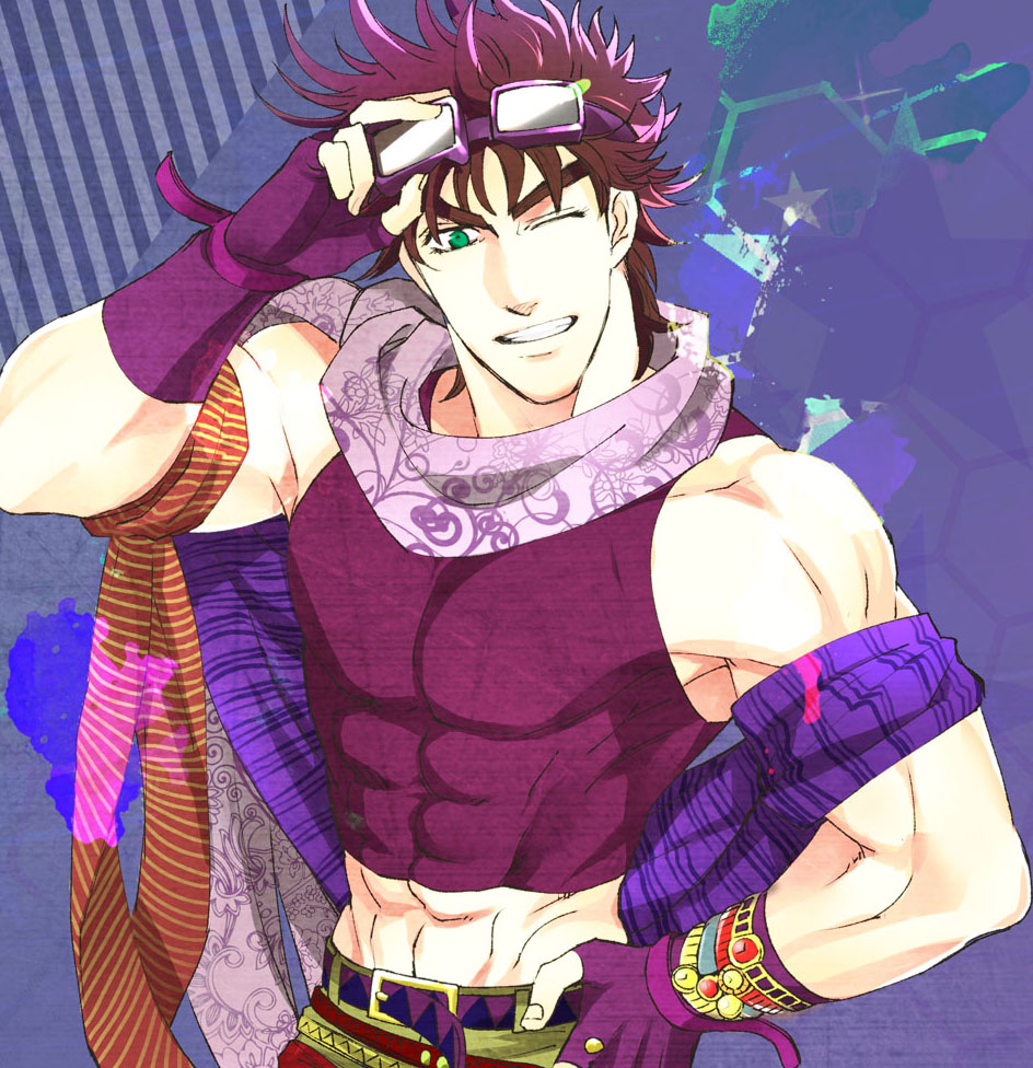 1boy battle_tendency bracelet crop_top goggles goggles_on_head green_eyes jewelry jojo_no_kimyou_na_bouken joseph_joestar joseph_joestar_(young) kine_(warabi_mk501) midriff multiple_scarves official_alternate_costume one_eye_closed purple_hair removing_goggles solo watch wristwatch