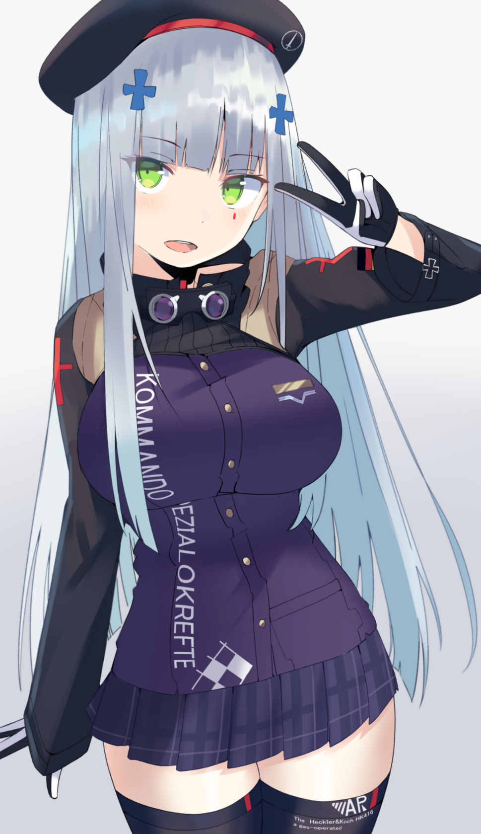 1girl beret black_hat black_jacket black_thighhighs blue_hair breasts clothes_writing commentary_request cowboy_shot cross_hair_ornament german_flag girls&#039;_frontline green_eyes grey_background hair_ornament hat highres hk416_(girls&#039;_frontline) jacket jambayashi large_breasts long_hair looking_at_viewer multicolored_jacket open_mouth plaid_clothes plaid_skirt pleated_skirt purple_jacket purple_skirt simple_background skirt solo tattoo teardrop_facial_mark teardrop_tattoo thighhighs two-tone_gloves two-tone_jacket v