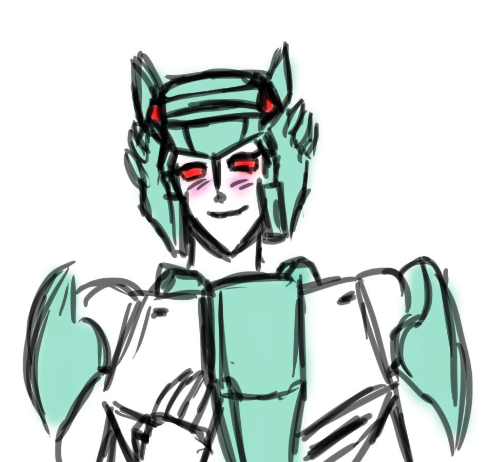 1girl animal_ears blush cat_ears cyber54prime hand_on_own_chest helmet humanoid_robot looking_at_viewer lyzack red_eyes robot simple_background solo transformers transformers_victory upper_body white_background