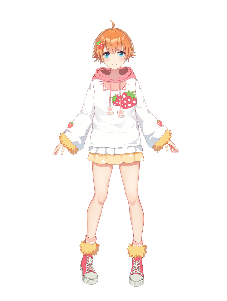 &gt;:) 1girl ahoge anonymous_(nijisanji) blue_eyes blush dot_nose food-themed_hair_ornament food_print fruit_print full_body fur-trimmed_hoodie fur_trim hair_ornament highres hood hoodie ichigo_(virtuareal) looking_at_viewer messy_hair nijisanji official_art orange_hair paw_print pink_socks pleated_skirt red_shoes shoes short_hair skirt sneakers socks solo standing star_(symbol) star_print strawberry_hair_ornament tachi-e v-shaped_eyebrows virtual_youtuber virtuareal white_hoodie yellow_skirt
