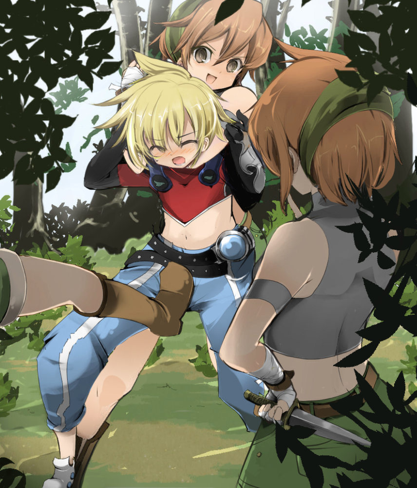 3girls bandaged_wrist bandages bandit_(tales_of_destiny_2) belt black_belt black_gloves blonde_hair blue_pants blush brown_eyes brown_hair closed_eyes commentary_request crop_top crotch_kick dagger elbow_gloves forest full_body gloves grass green_hairband green_shorts grey_sports_bra hairband holding holding_dagger holding_knife holding_weapon kicking knife kyle_dunamis midriff multiple_girls name_john nature navel open_mouth pain pants red_shirt restrained reverse_ryona shirt short_hair shorts smile solo_focus sports_bra tales_of_(series) tales_of_destiny tales_of_destiny_2 tree v-shaped_eyebrows weapon