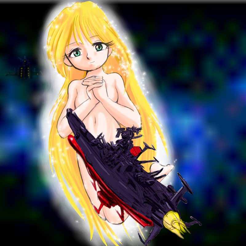 1girl barefoot blonde_hair breasts floating green_eyes kneeling long_hair looking_at_viewer manoyuya_(artist) navel nude own_hands_clasped own_hands_together small_breasts smile space spacecraft sparkle teresa_(uchuu_senkan_yamato) uchuu_senkan_yamato uchuu_senkan_yamato_2202:_ai_no_senshi-tachi very_long_hair yamato_(uchuu_senkan_yamato)
