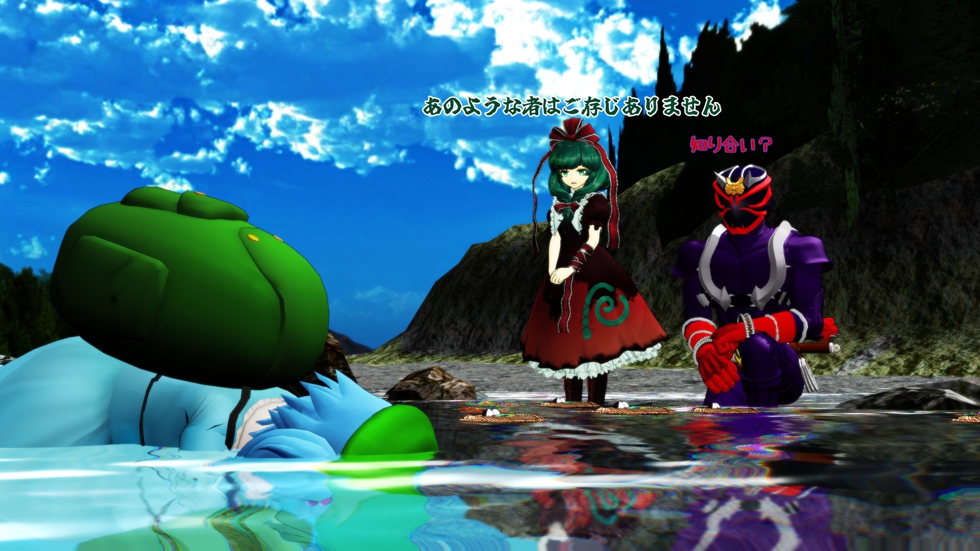 1boy 2girls highres kagiyama_hina kamen_rider kamen_rider_hibiki kamen_rider_hibiki_(series) kawashiro_nitori multiple_girls touhou