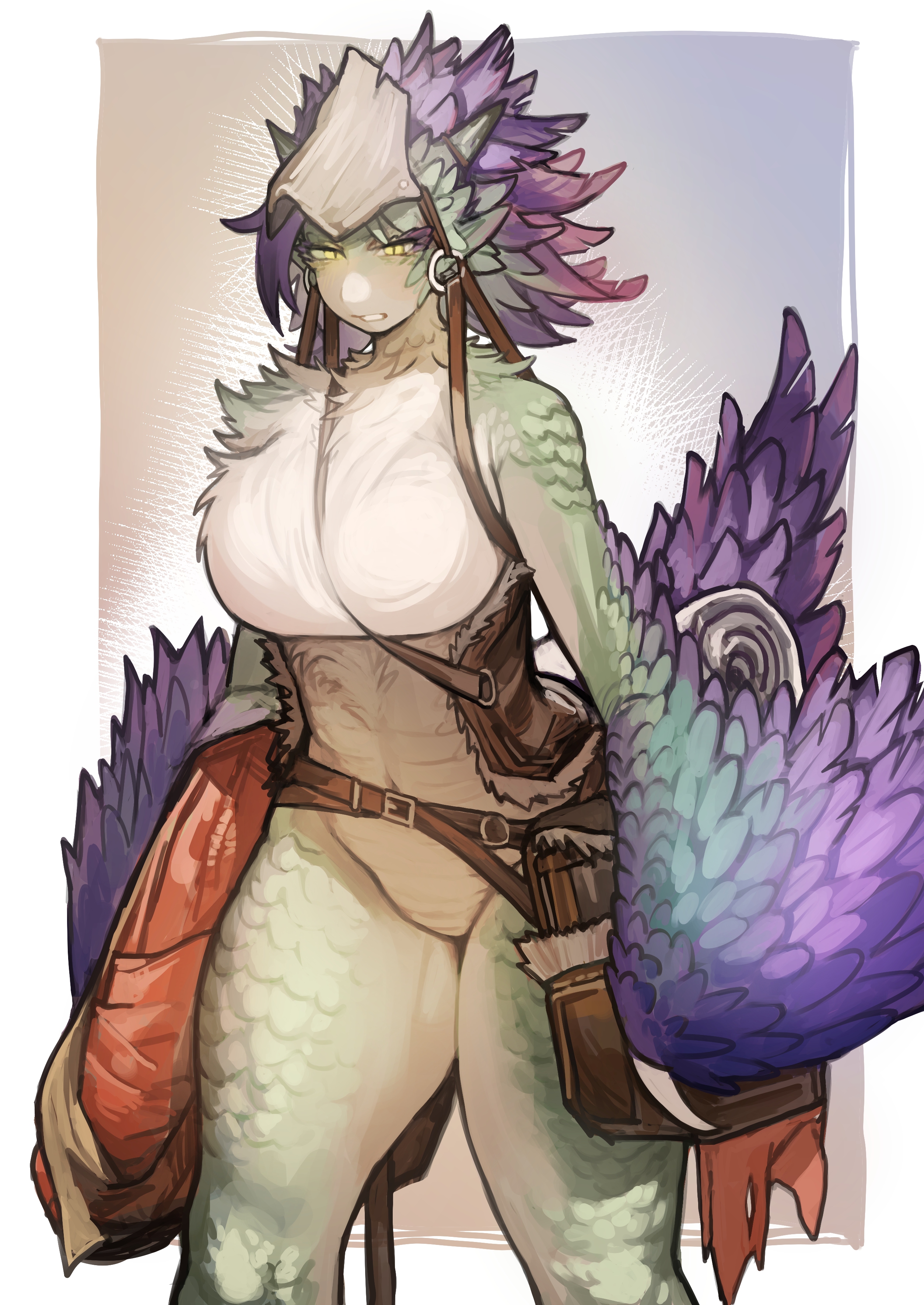 1girl absurdres angry bag black_horns blonde_hair border breasts carrying_bag chest_hair chinese_commentary colored_skin commentary_request cropped_legs feather_hair glaring green_hair green_scales highres horns large_breasts miao_jiangyou monster_girl monster_hunter_(series) monster_hunter_wilds multicolored_background multicolored_hair multicolored_skin navel nude o-ring open_mouth personification purple_hair saddle satchel seikret_(monster_hunter) sleeping_bag slit_pupils solo stomach tail thick_thighs thighs two-tone_hair two-tone_skin white_border wings yellow_eyes yellow_scales yellow_skin