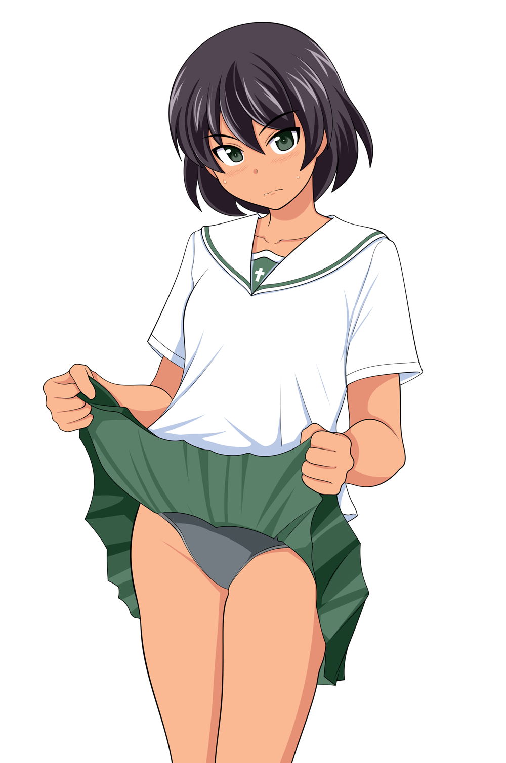 1girl black_hair black_panties blouse bob_cut closed_mouth clothes_lift cowboy_shot dark-skinned_female dark_skin frown girls_und_panzer green_eyes green_skirt highres hoshino_(girls_und_panzer) lifting_own_clothes looking_at_viewer miniskirt no_neckwear ooarai_school_uniform panties pleated_skirt sailor_collar school_uniform shirt short_hair short_sleeves simple_background skirt skirt_lift solo standing tanaka_rikimaru underwear white_background white_sailor_collar